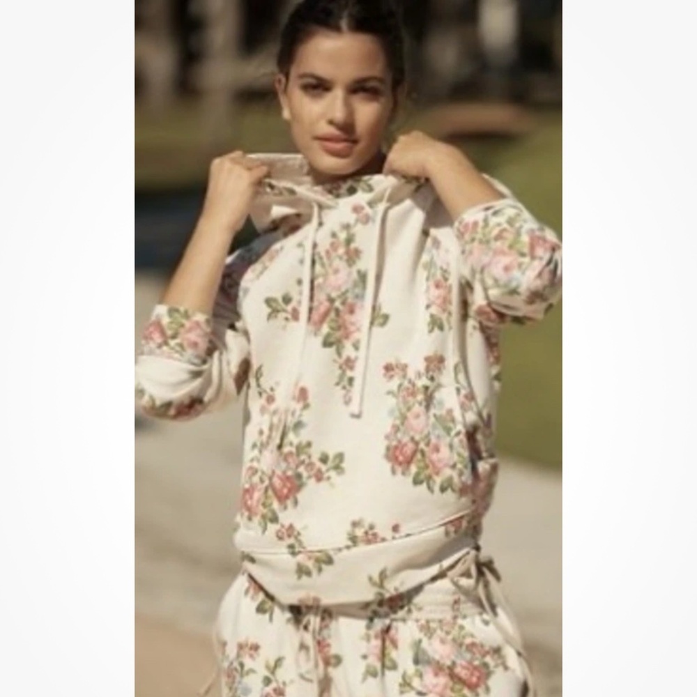 Anthropologie Daily Practice Floral Hoodie M Beige Cottage Boho Lounge Spring - Picture 12 of 12